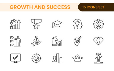 Growth and Success modern outline style icons set. Successful business development, plan and process symbol illustration.