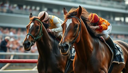 Cross view of horses racing closely in the hippodrome.