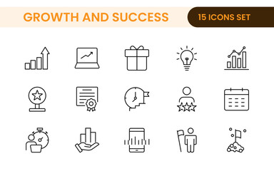 Growth and Success modern outline style icons set. Successful business development, plan and process symbol illustration.