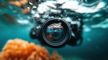An underwater camera lens capturing a vibrant coral formation in the deep blue sea, highlighting the intersection of advanced technology and natural beauty below the surface.