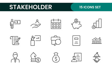 Stakeholder outline icons set. Business, teamwork, trade unions, suppliers, government, customers, creditors, community, investors and partners.