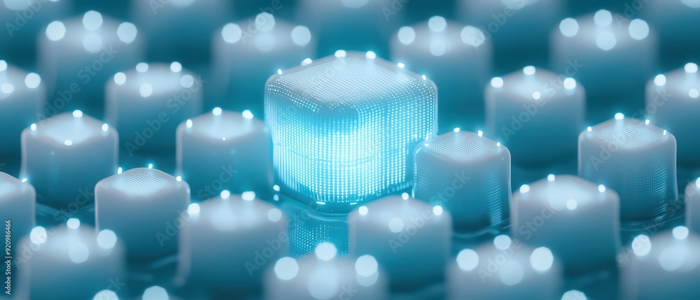 Poster a captivating image of a glowing ice cube among white geometric shapes, creating a futuristic and se