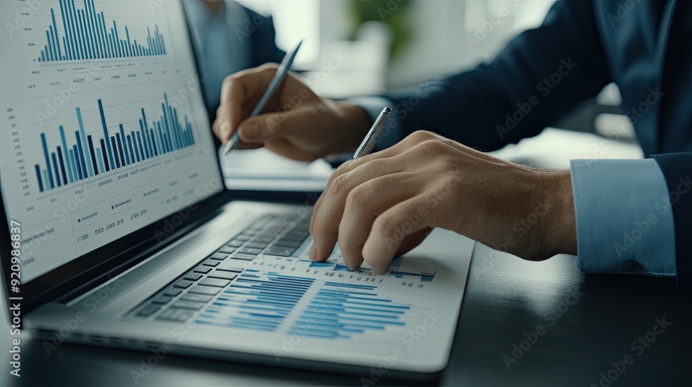 Poster teams analyze financial data on computers, pointing at graphs and discussing strategies in a modern 