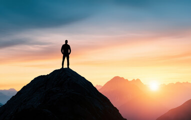 Silhouette of a person standing on a mountain peak at sunrise, embracing nature and adventure. Represents achievement, solitude, and determination.