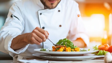 A chef carefully plating a gourmet dish with fresh ingredients in a bright kitchen setting.