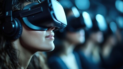 A group of individuals wearing VR headsets, experiencing virtual reality in a dark room, engaging in immersive digital adventures and futuristic interactions.