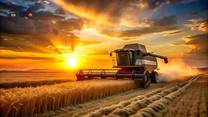 Fototapeta premium Harvest Moon: A Golden Field bathed in the Warm Glow of the Setting Sun AI Generated