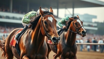 Fototapeta premium Cross view of horses racing closely in the hippodrome.