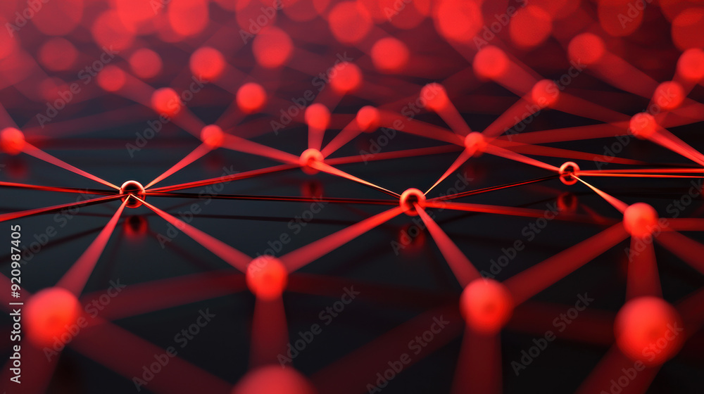Poster dynamic red network of connected dots and lines on a dark background, symbolizing technology, commun