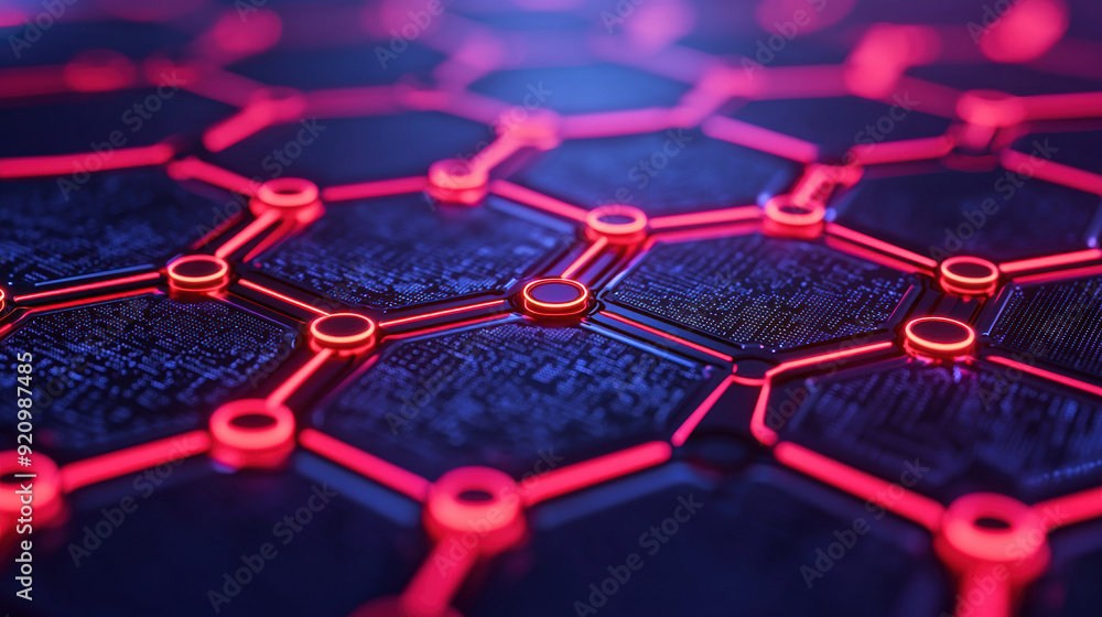 Poster close-up of futuristic neon red hexagonal design on dark background, illustrating advanced technolog