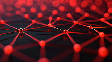 Dynamic red network of connected dots and lines on a dark background, symbolizing technology, communication, and the internet.