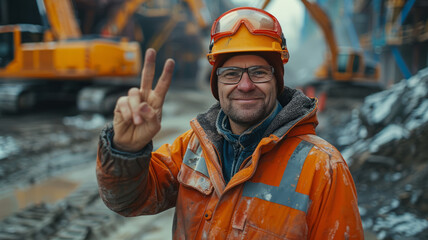 Construction engineer showing the victory sign at construction site.