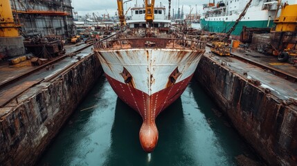 A large ship undergoing maintenance in a dry dock area, with visible rust and industrial machinery around, capturing the process of ship repair and upkeep.