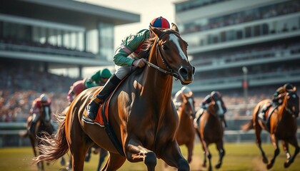 Cross view of horses racing closely in the hippodrome.