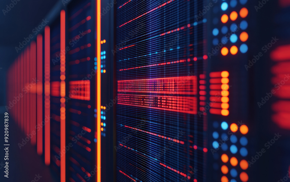 Poster close-up view of a modern data server rack with vibrant red and blue led lights showcasing advanced 