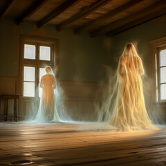 Haunting image of two ethereal ghostly figures in flowing veils standing in an abandoned room with soft eerie light filtering through the windows