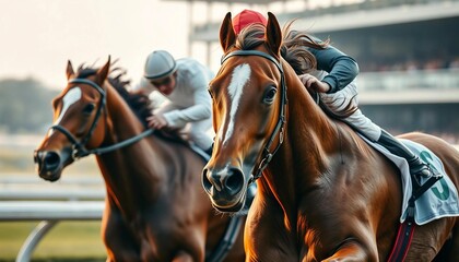 Cross view of horses racing closely in the hippodrome.