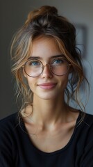 Obraz premium Portrait of a beautiful young woman with glasses and a messy bun hairstyle.