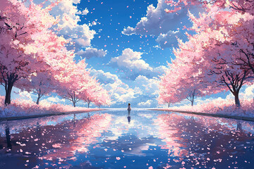 Young woman standing by a lake surrounded by cherry blossom trees in anime style