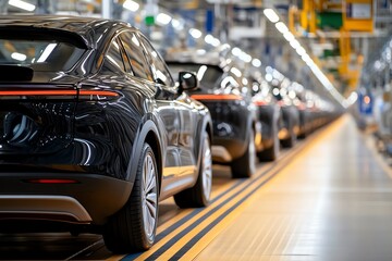 Obraz premium Rows of sleek black cars in a modern manufacturing facility, showcasing advanced automotive production techniques.