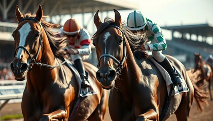 Naklejka premium Cross view of horses racing closely in the hippodrome.