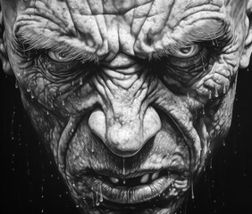 Dark and gritty black and white portrait of a deeply wrinkled menacing man with an intense glare exuding anger and malevolence