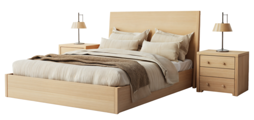 Modern Bedroom Furniture Set with Wooden Bed in Scandinavian Style, Cozy Beige Bedding, and Matching Nightstands with Lamps - Isolated on Transparent Background