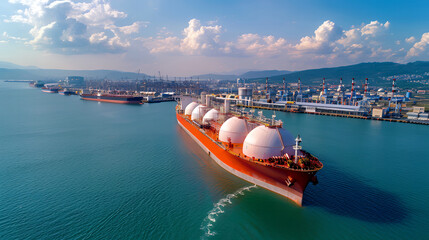 Liquified natural gas tanker with five storage tanks anchored near the harbour gas terminal. Aerial drone photo. Advanced liquefied gas carrier.