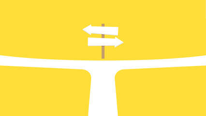 A road bifurcation with a wooden signpost showing blank arrows pointing left and right on a yellow background © MAHIJO