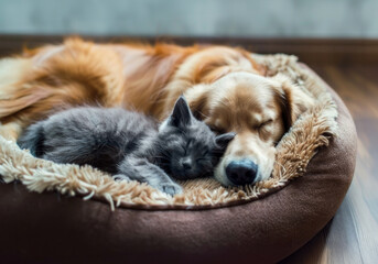 A cute gray kitten sleeps in pet bed next to a big cute red dog. Friendship between domestic animals. Pets taking nap at home or zoo hotel
