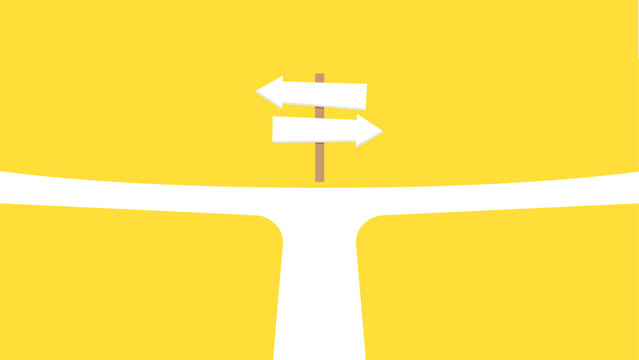 Naklejki A road bifurcation with a wooden signpost showing blank arrows pointing left and right on a yellow background