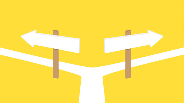 Road bifurcation on a yellow background. A road splits into two paths with blank white directional signs pointing left and right. Different options to choose from, decision making concept.