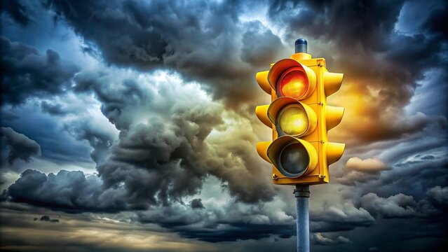 The Lone Sentinel: A Yellow Traffic Light Under a Stormy Sky  AI Generated
