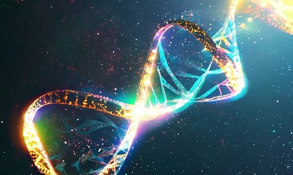Cosmic DNA: A vibrant and ethereal double helix of DNA glows with celestial light against a backdrop of twinkling stars, symbolizing the intricate beauty and power of life's code.