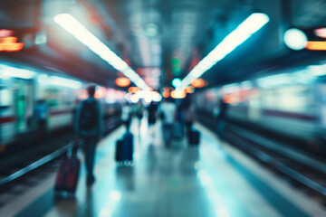 Blurred background of a busy train station or subway platform. People going and moving suitcases on a platform near the airport shuttle train.