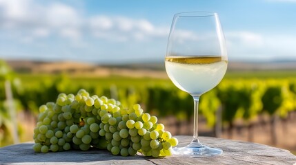 Lush Grape Cluster in Scenic Vineyard Overlooking Countryside Landscape