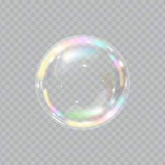 Soap bubble color spectrum on transparent background. Realistic air bubble 3D graphics glare and transparency effect. Vector illustration.