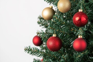 Close-up of Christmas tree with red and gold ornaments