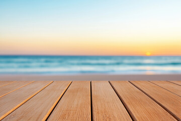 A serene beach scene with a beautiful sunset, calm waves, and wooden deck in the foreground, perfect for relaxation and peaceful escapes.