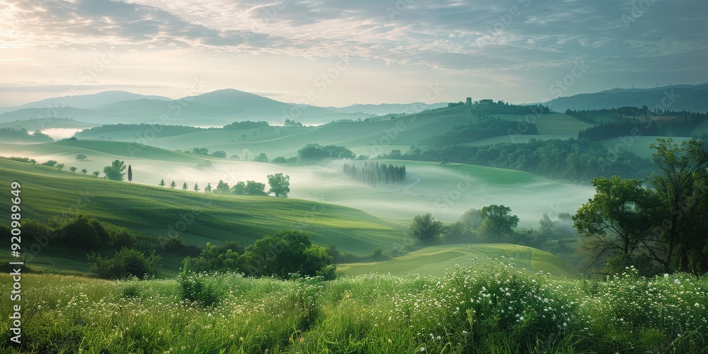 Sticker Misty Morning in the Italian Countryside