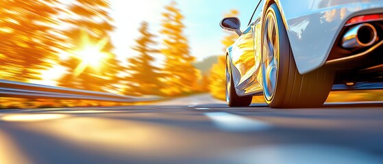 Obraz premium A dynamic view of a car racing down a vibrant autumn road, surrounded by golden foliage and illuminated by a warm sunset.