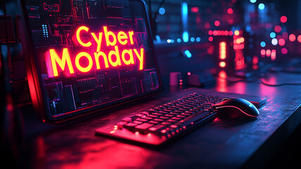 The concept of Cyber Monday. Online sale. Technological background. Microchips. Neon. A computer mouse.