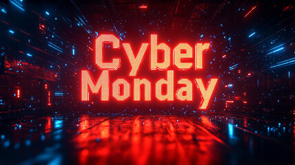 The concept of Cyber Monday. Online sale. Technological background. Microchips. Neon. A computer mouse.