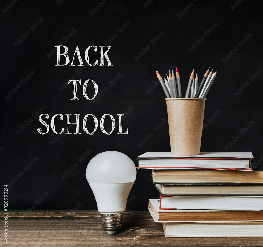 Poster a blackboard with a light bulb on it and a stack of books behind it