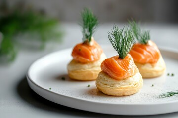Elegant salmon profiterole garnished with dill on a minimalist white plate, ideal for gourmet finger food concept - generative ai