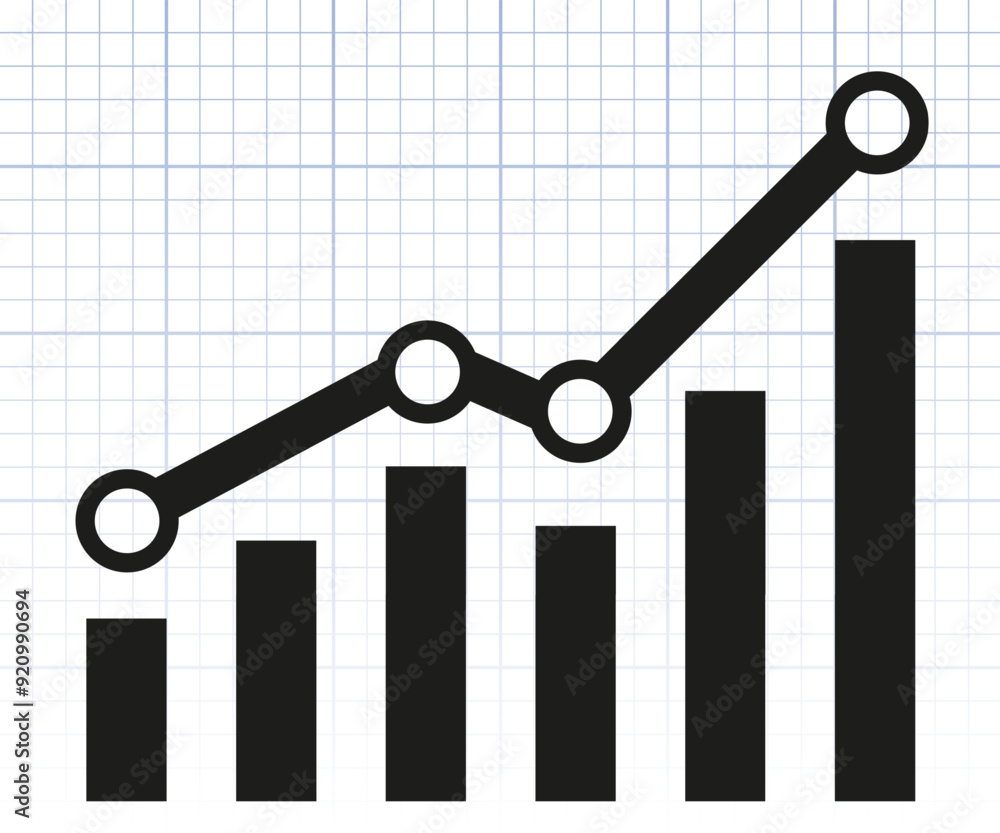 Aufkleber graph with increase report. diagram with rise and gain progress grid background. vector illustration