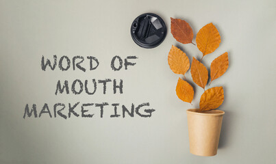 A plant in a paper cup with the word word of mouth marketing written on it
