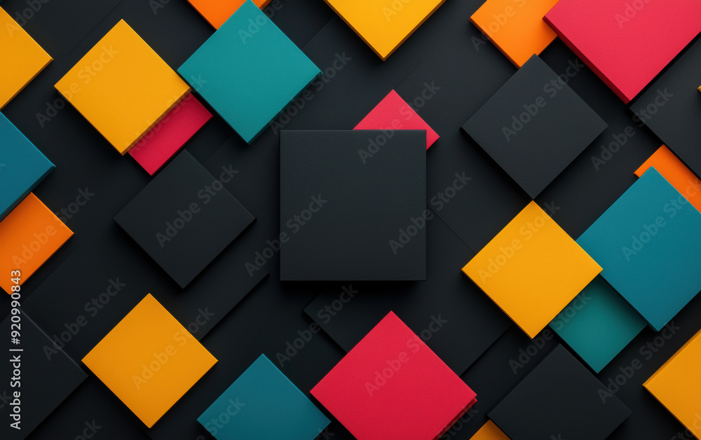 Poster colorful geometric abstract background with overlapping squares in vibrant hues, creating modern and