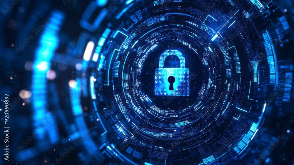 Poster digital background with pixelated lock and data protection symbols on a blue digital screen