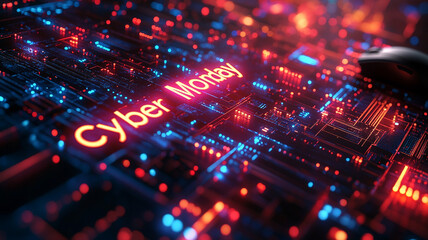 Fototapeta premium The concept of Cyber Monday. Online sale. Technological background. Microchips. Neon. A computer mouse.